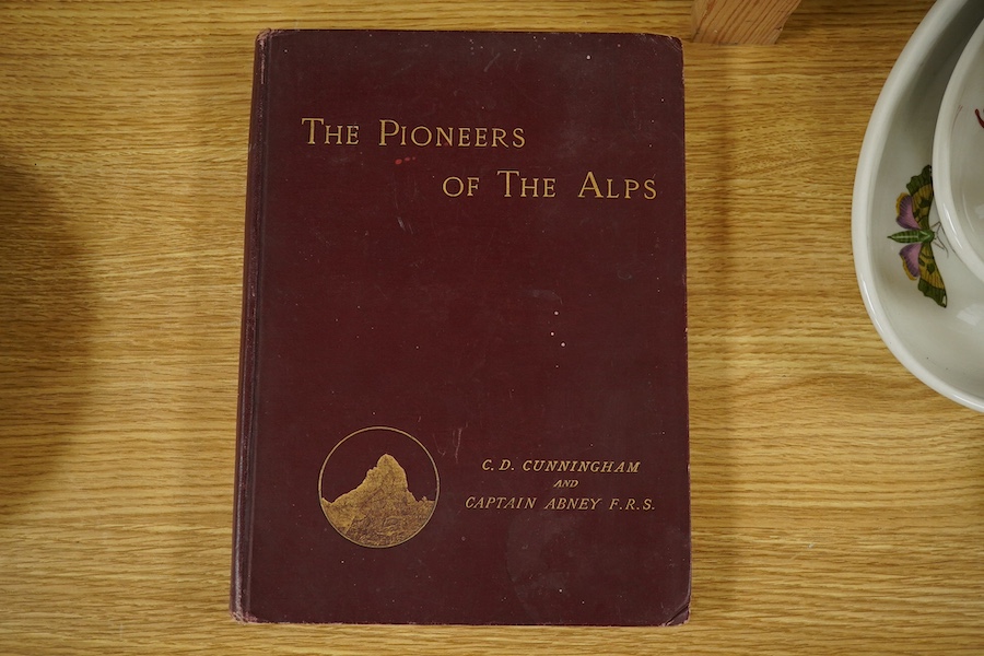 Cunningham, C.D and Captain W. W. Abney - The Pioneers of the Alps, 2nd edition, 4to, original publishers red cloth, photogravure frontispiece and 22 photogravure portraits of Alpine guides. Samson Low, Marston, Searle a